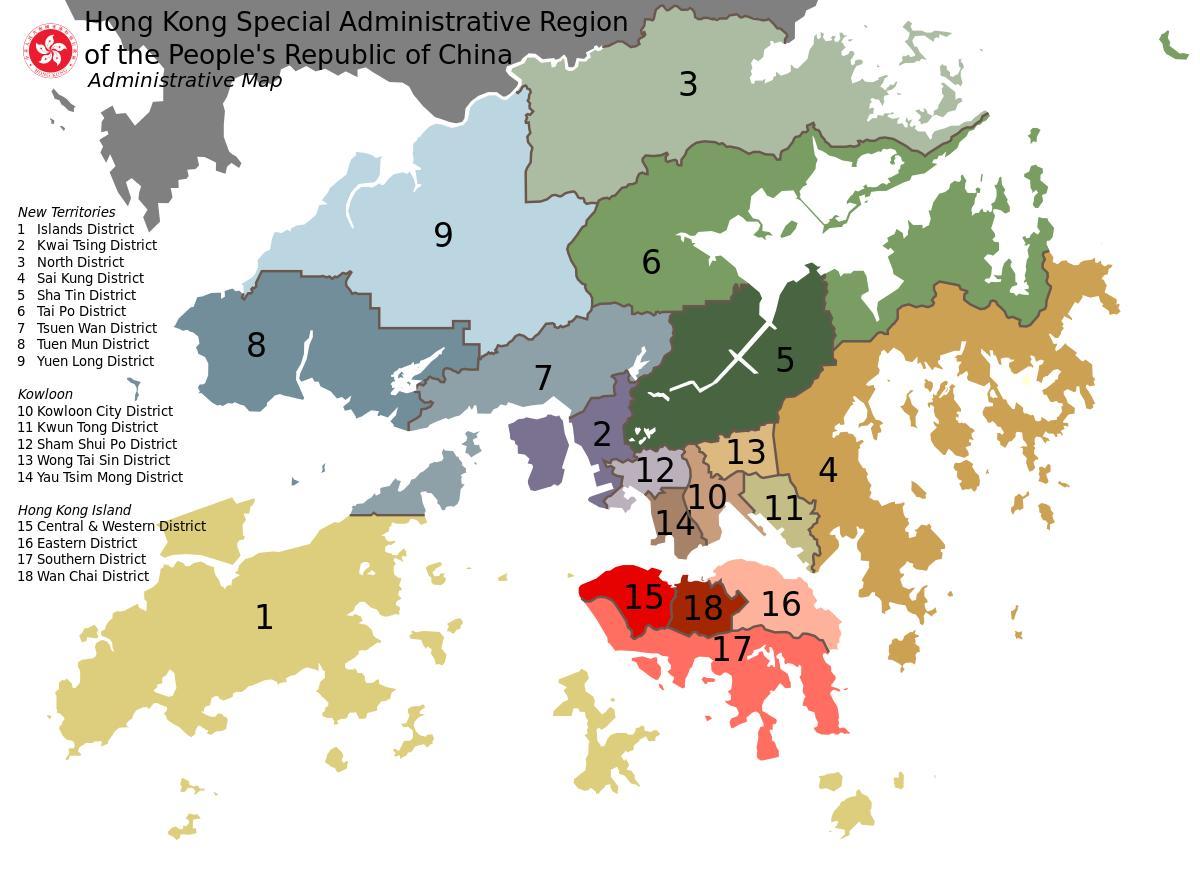 mapu Hong Kong štvrtí